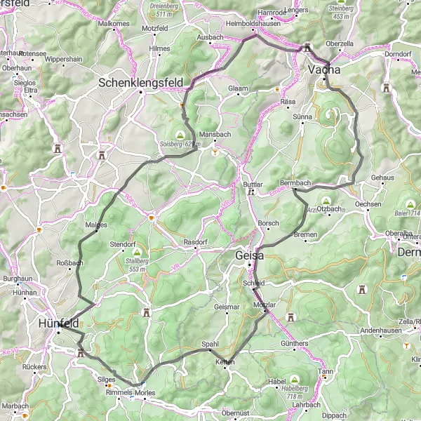 Karten-Miniaturansicht der Radinspiration "Hünfeld-Malges-Riethberg-Spahl-Dörnberg-Hünfeld" in Kassel, Germany. Erstellt vom Tarmacs.app-Routenplaner für Radtouren