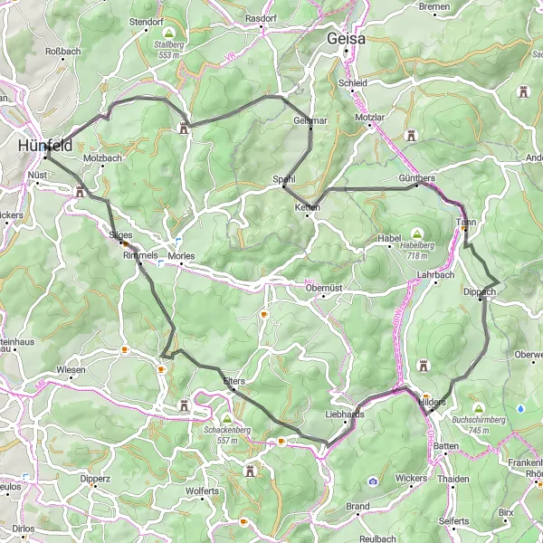 Map miniature of "Heart of Hünfeld" cycling inspiration in Kassel, Germany. Generated by Tarmacs.app cycling route planner