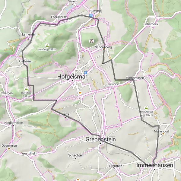 Map miniature of "Grebenstein Countryside Ride" cycling inspiration in Kassel, Germany. Generated by Tarmacs.app cycling route planner