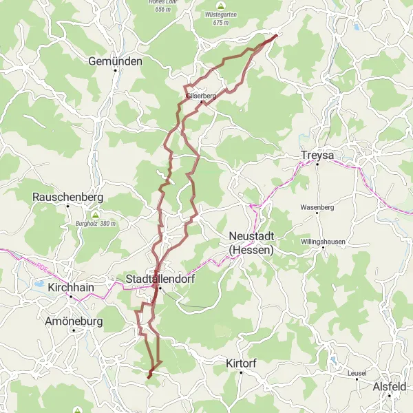 Map miniature of "Exploring Quaint Villages" cycling inspiration in Kassel, Germany. Generated by Tarmacs.app cycling route planner