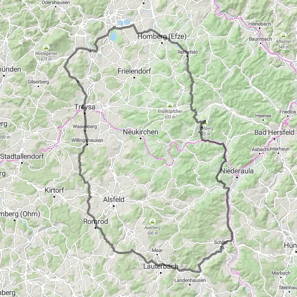 Map miniature of "Hills and Valleys" cycling inspiration in Kassel, Germany. Generated by Tarmacs.app cycling route planner