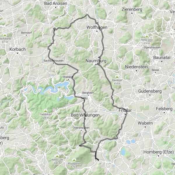 Map miniature of "Hills and Castles" cycling inspiration in Kassel, Germany. Generated by Tarmacs.app cycling route planner