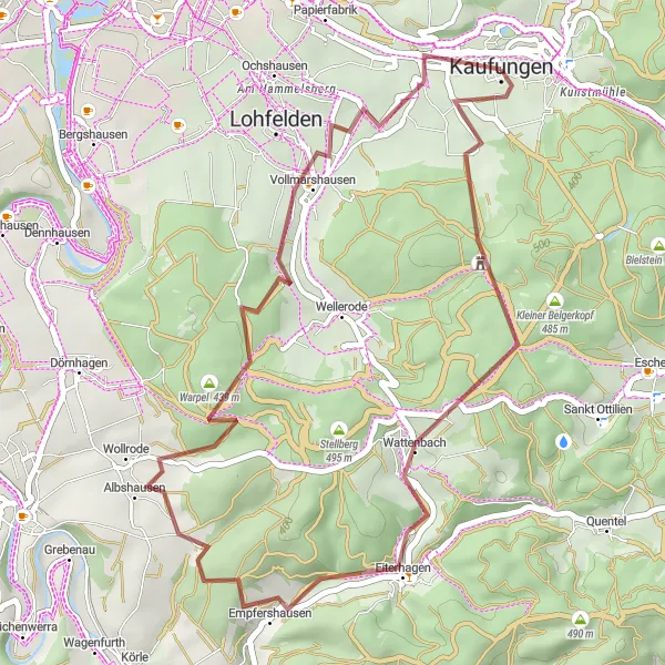 Map miniature of "Exploring Kaufungen's Gravel Routes" cycling inspiration in Kassel, Germany. Generated by Tarmacs.app cycling route planner