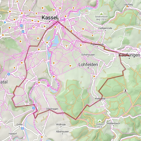 Map miniature of "Kaufungen Gravel Adventure" cycling inspiration in Kassel, Germany. Generated by Tarmacs.app cycling route planner