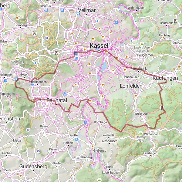 Map miniature of "Gravel Adventure near Kaufungen" cycling inspiration in Kassel, Germany. Generated by Tarmacs.app cycling route planner