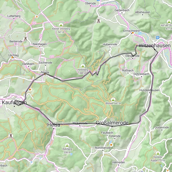 Map miniature of "Scenic Loop around Kaufungen" cycling inspiration in Kassel, Germany. Generated by Tarmacs.app cycling route planner