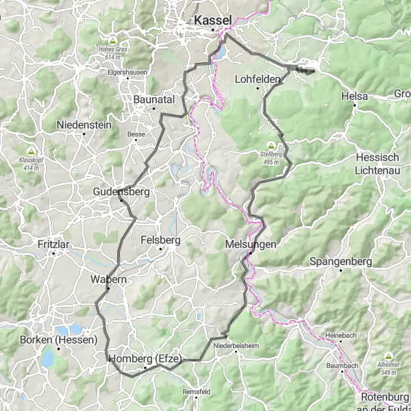 Map miniature of "Discovering Historic Towns around Kaufungen" cycling inspiration in Kassel, Germany. Generated by Tarmacs.app cycling route planner