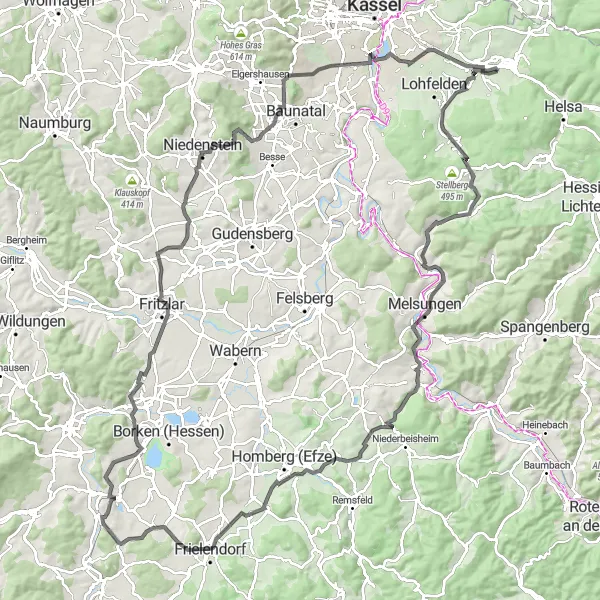 Map miniature of "The Hinterland Loop" cycling inspiration in Kassel, Germany. Generated by Tarmacs.app cycling route planner