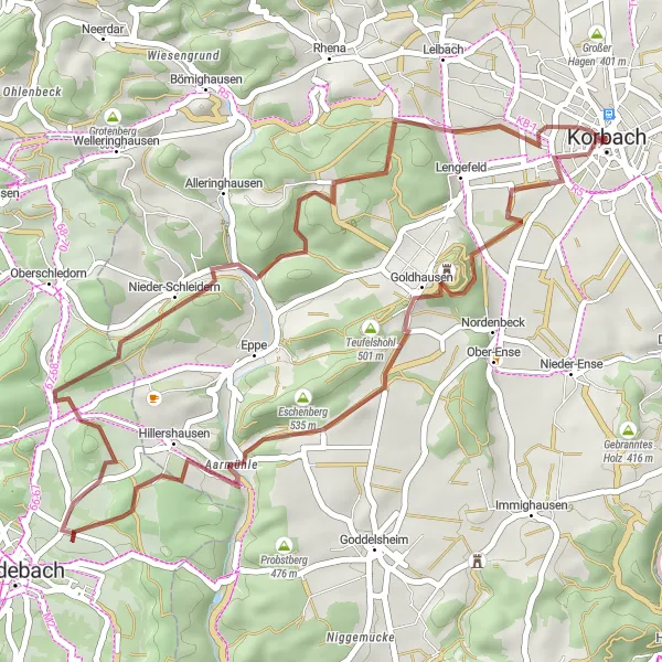 Karten-Miniaturansicht der Radinspiration "Burg und Wälder von Korbach" in Kassel, Germany. Erstellt vom Tarmacs.app-Routenplaner für Radtouren