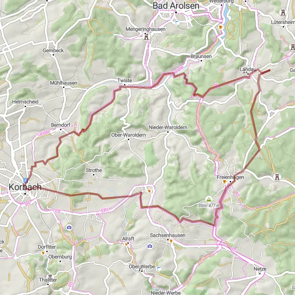 Karten-Miniaturansicht der Radinspiration "Die Berndorf-Runde" in Kassel, Germany. Erstellt vom Tarmacs.app-Routenplaner für Radtouren