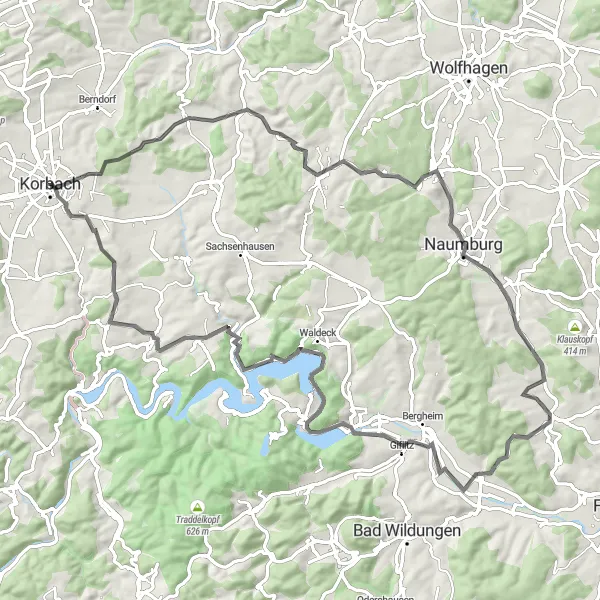 Karten-Miniaturansicht der Radinspiration "Die Vöhl-Tour" in Kassel, Germany. Erstellt vom Tarmacs.app-Routenplaner für Radtouren