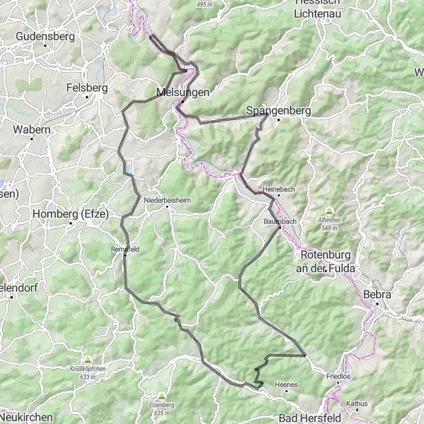 Karten-Miniaturansicht der Radinspiration "Rundfahrt von Körle nach Geschellenberg" in Kassel, Germany. Erstellt vom Tarmacs.app-Routenplaner für Radtouren