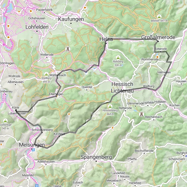 Karten-Miniaturansicht der Radinspiration "Hessisches Hügelland Tour" in Kassel, Germany. Erstellt vom Tarmacs.app-Routenplaner für Radtouren