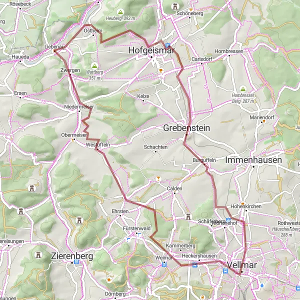 Map miniature of "Hofgeismar Gravel Adventure" cycling inspiration in Kassel, Germany. Generated by Tarmacs.app cycling route planner