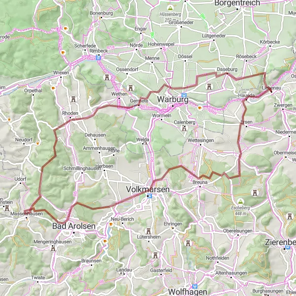 Map miniature of "Through the Hills and Castles: Liebenau to Daseburg" cycling inspiration in Kassel, Germany. Generated by Tarmacs.app cycling route planner