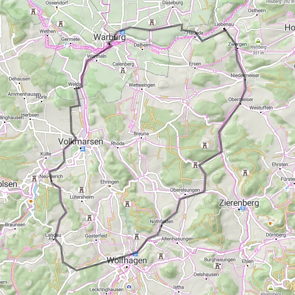 Map miniature of "Cycling Adventure to Warburg" cycling inspiration in Kassel, Germany. Generated by Tarmacs.app cycling route planner