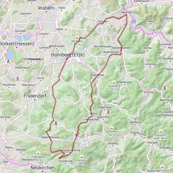 Map miniature of "Knüll Mountains Gravel Adventure" cycling inspiration in Kassel, Germany. Generated by Tarmacs.app cycling route planner