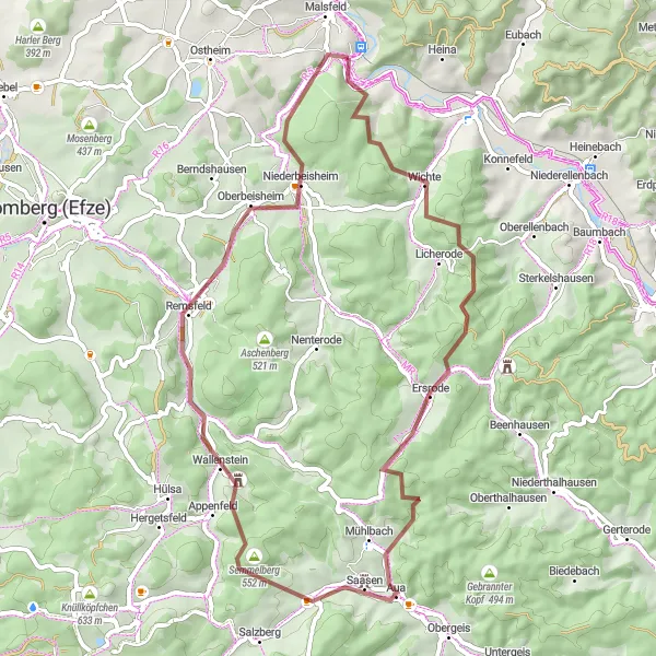 Map miniature of "Gravel Adventure through the Knüll Mountains" cycling inspiration in Kassel, Germany. Generated by Tarmacs.app cycling route planner