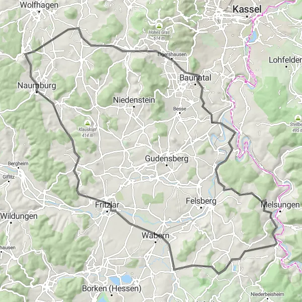 Map miniature of "Road Cycling Adventure" cycling inspiration in Kassel, Germany. Generated by Tarmacs.app cycling route planner