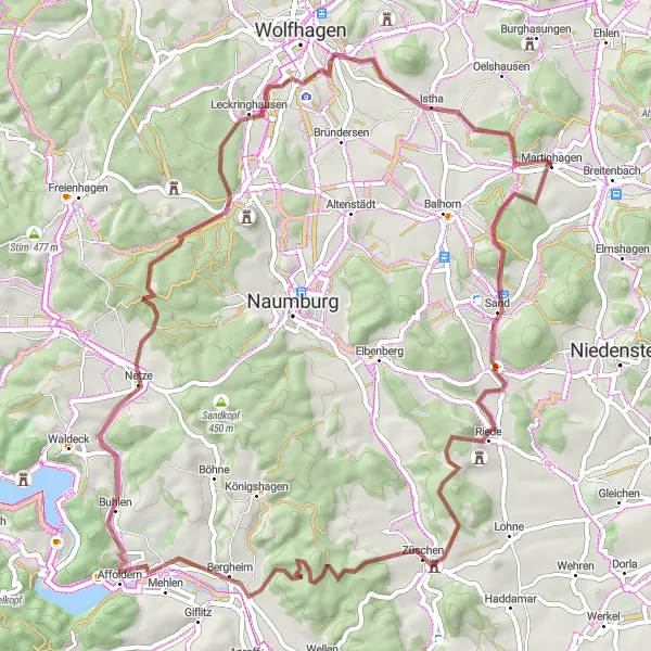 Map miniature of "Scenic Gravel Ride" cycling inspiration in Kassel, Germany. Generated by Tarmacs.app cycling route planner