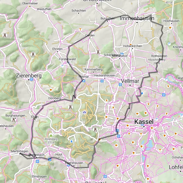Map miniature of "Häuschensberg Route" cycling inspiration in Kassel, Germany. Generated by Tarmacs.app cycling route planner