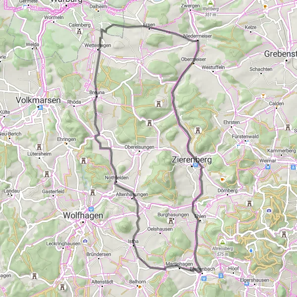 Map miniature of "The Challenging Ride" cycling inspiration in Kassel, Germany. Generated by Tarmacs.app cycling route planner