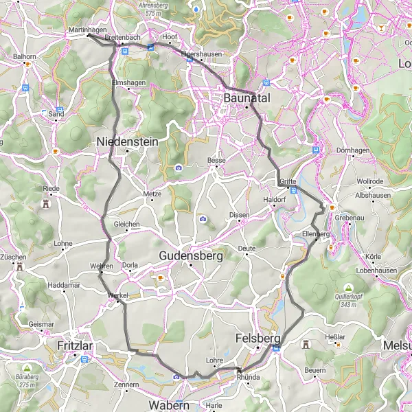 Map miniature of "The Road Adventure" cycling inspiration in Kassel, Germany. Generated by Tarmacs.app cycling route planner