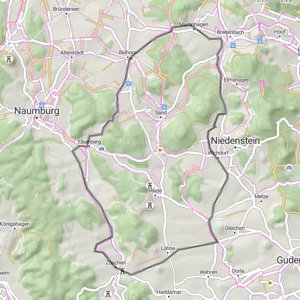Map miniature of "Sengelsberg Loop" cycling inspiration in Kassel, Germany. Generated by Tarmacs.app cycling route planner
