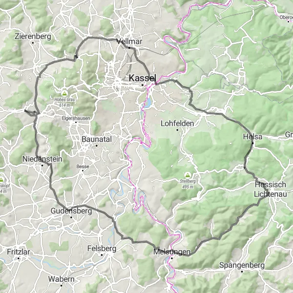 Map miniature of "Challenging Route with Impressive Sights" cycling inspiration in Kassel, Germany. Generated by Tarmacs.app cycling route planner