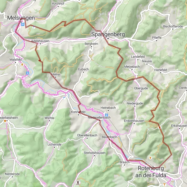 Karten-Miniaturansicht der Radinspiration "Abenteuerliche Gravel-Tour nach Adelshausen" in Kassel, Germany. Erstellt vom Tarmacs.app-Routenplaner für Radtouren