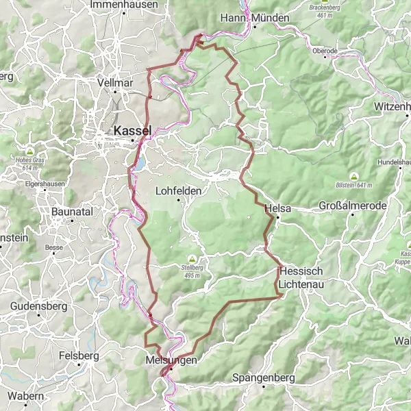 Map miniature of "Thrilling Gravel Adventure in Körle and Surroundings" cycling inspiration in Kassel, Germany. Generated by Tarmacs.app cycling route planner