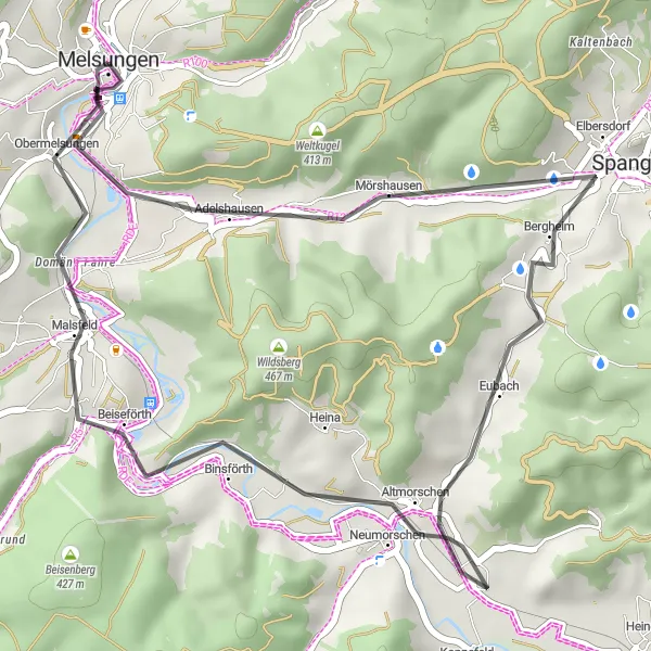 Map miniature of "Road Cycling in Melsungen" cycling inspiration in Kassel, Germany. Generated by Tarmacs.app cycling route planner