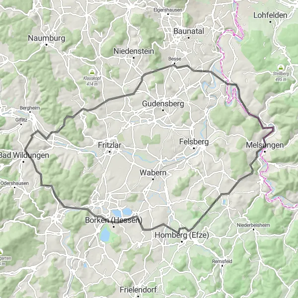 Map miniature of "Road Cycling Adventure around Melsungen" cycling inspiration in Kassel, Germany. Generated by Tarmacs.app cycling route planner