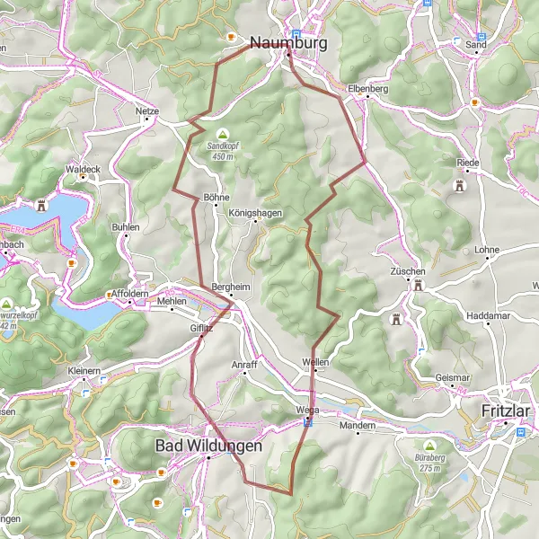 Map miniature of "Naumburg-Gravel Discovery" cycling inspiration in Kassel, Germany. Generated by Tarmacs.app cycling route planner