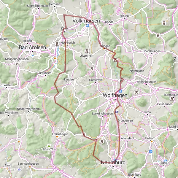 Map miniature of "Naumburg-Gravel Explorer" cycling inspiration in Kassel, Germany. Generated by Tarmacs.app cycling route planner