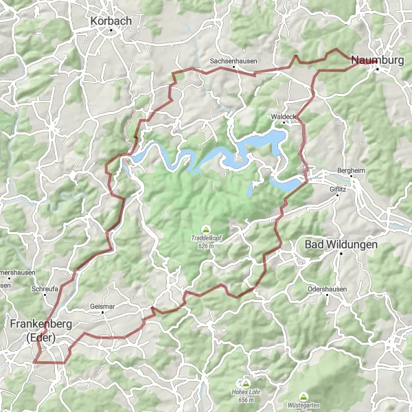 Karten-Miniaturansicht der Radinspiration "Herausfordernde Gravelroute zum Naumburg" in Kassel, Germany. Erstellt vom Tarmacs.app-Routenplaner für Radtouren