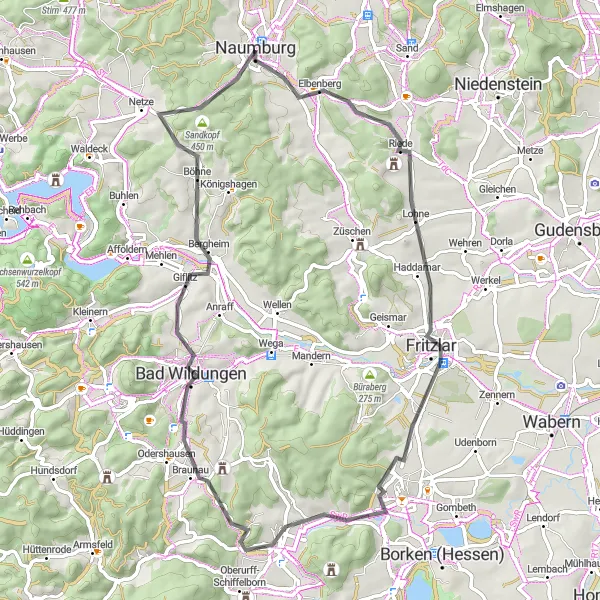 Karten-Miniaturansicht der Radinspiration "Road-Tour durch die Umgebung von Naumburg" in Kassel, Germany. Erstellt vom Tarmacs.app-Routenplaner für Radtouren