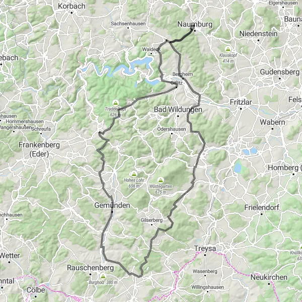 Map miniature of "Naumburg-Halsdorf Loop" cycling inspiration in Kassel, Germany. Generated by Tarmacs.app cycling route planner