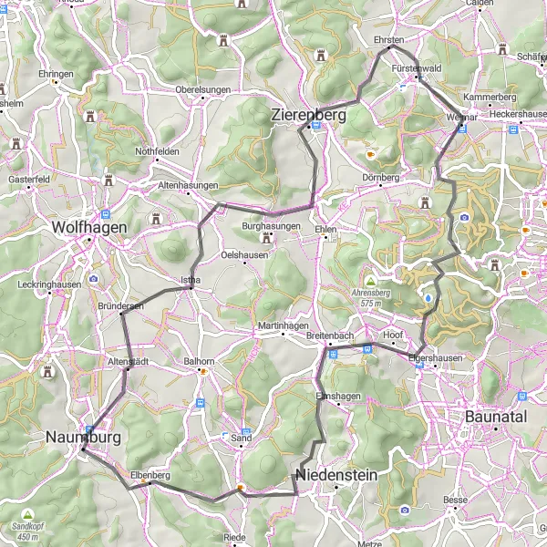 Karten-Miniaturansicht der Radinspiration "Hügelige Straßenrundfahrt um Naumburg" in Kassel, Germany. Erstellt vom Tarmacs.app-Routenplaner für Radtouren