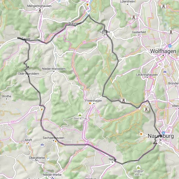 Map miniature of "Exploring Naumburg" cycling inspiration in Kassel, Germany. Generated by Tarmacs.app cycling route planner