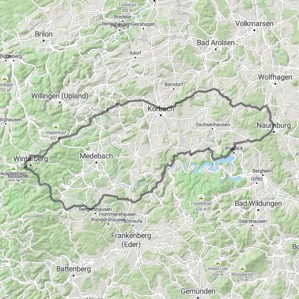 Map miniature of "Challenging Loop through the Countryside" cycling inspiration in Kassel, Germany. Generated by Tarmacs.app cycling route planner