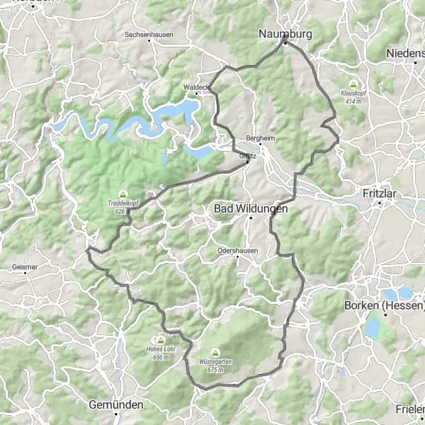 Karten-Miniaturansicht der Radinspiration "Hügelige Herausforderung rund um Naumburg" in Kassel, Germany. Erstellt vom Tarmacs.app-Routenplaner für Radtouren
