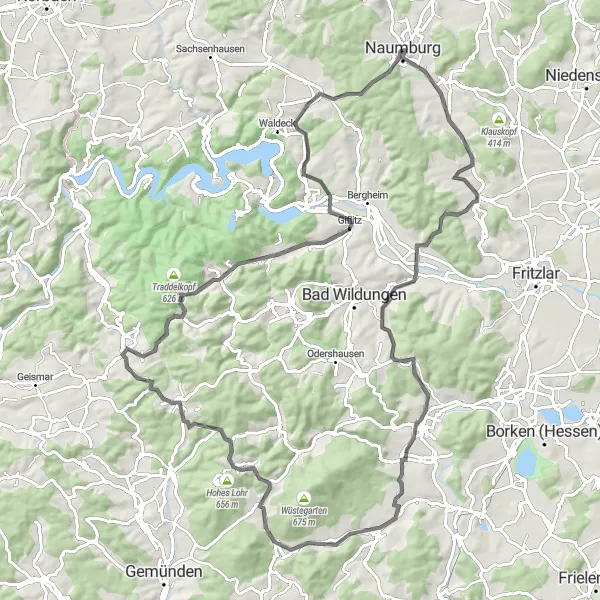 Map miniature of "Scenic Tour through Naumburg" cycling inspiration in Kassel, Germany. Generated by Tarmacs.app cycling route planner