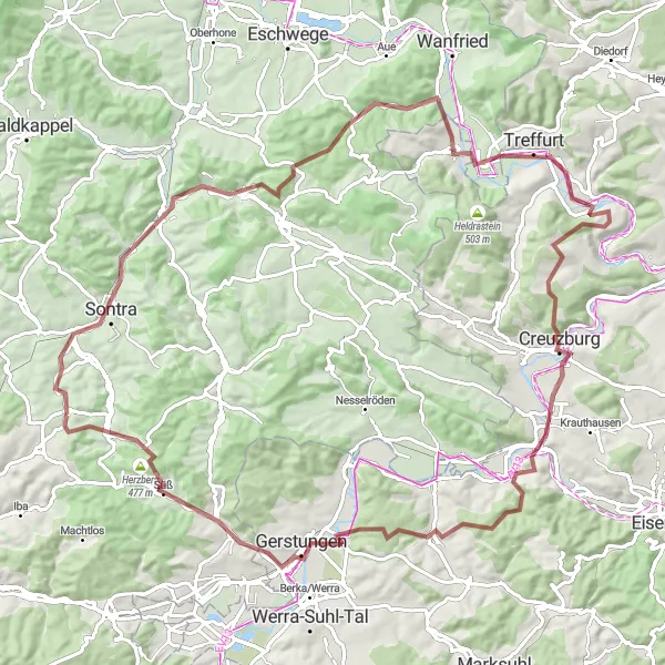 Map miniature of "Hardtkopf Gravel Loop" cycling inspiration in Kassel, Germany. Generated by Tarmacs.app cycling route planner