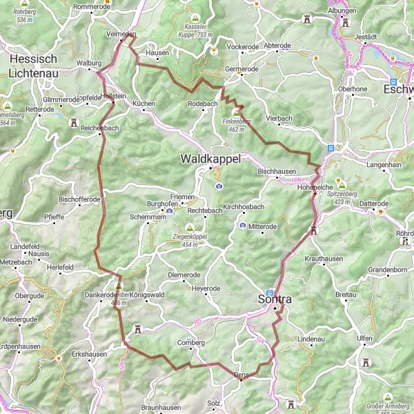 Map miniature of "Through the Thuringian Forest Gravel Loop" cycling inspiration in Kassel, Germany. Generated by Tarmacs.app cycling route planner