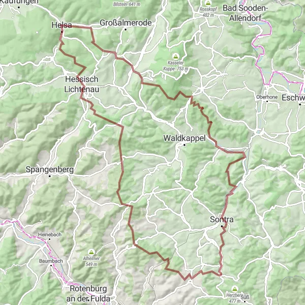 Karten-Miniaturansicht der Radinspiration "Gravel-Abenteuer um Hessisch Lichtenau" in Kassel, Germany. Erstellt vom Tarmacs.app-Routenplaner für Radtouren