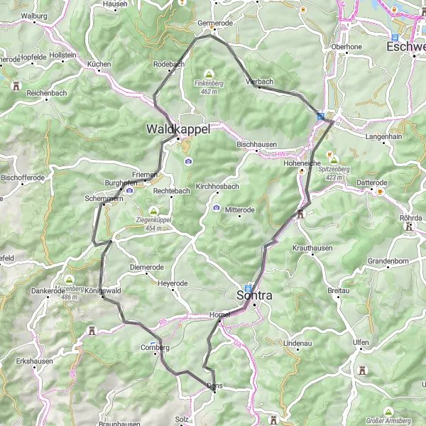 Karten-Miniaturansicht der Radinspiration "Panoramaausblicke und idyllische Orte" in Kassel, Germany. Erstellt vom Tarmacs.app-Routenplaner für Radtouren
