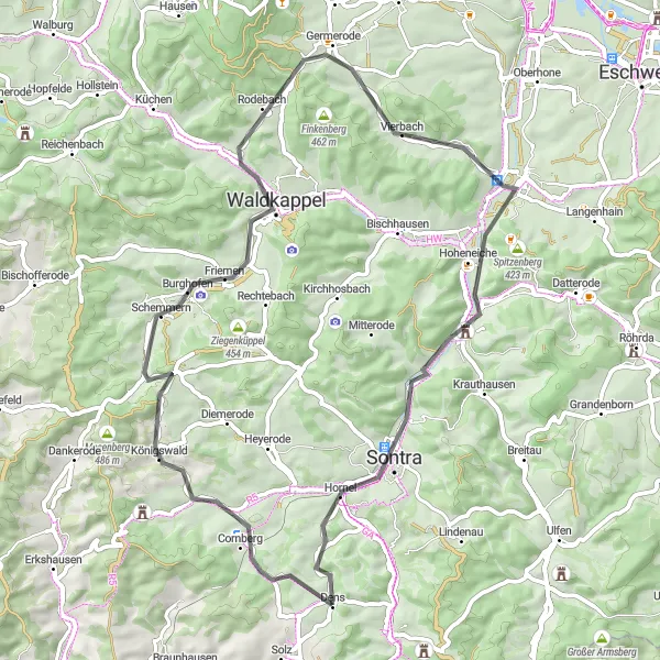 Map miniature of "Nentershausen Highlights Road Cycling Route" cycling inspiration in Kassel, Germany. Generated by Tarmacs.app cycling route planner