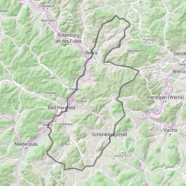 Map miniature of "Werra Valley Road Loop" cycling inspiration in Kassel, Germany. Generated by Tarmacs.app cycling route planner