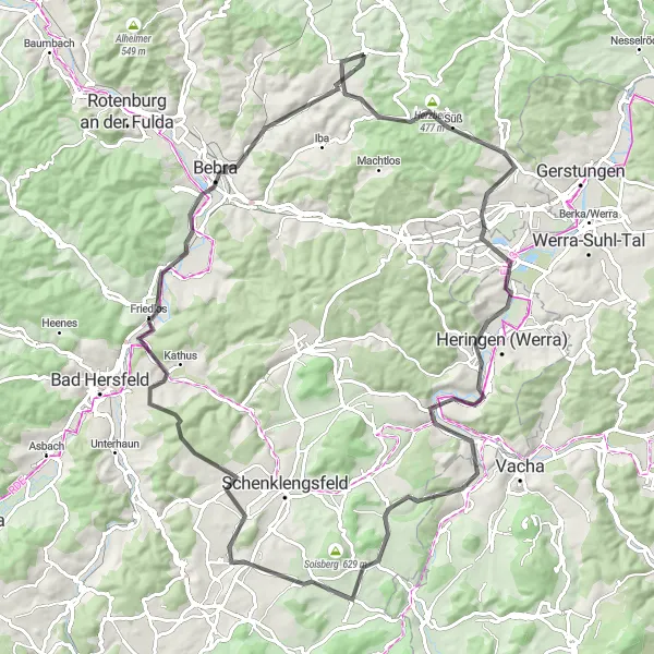 Karten-Miniaturansicht der Radinspiration "Hügeliges Road Cycling Adventure" in Kassel, Germany. Erstellt vom Tarmacs.app-Routenplaner für Radtouren